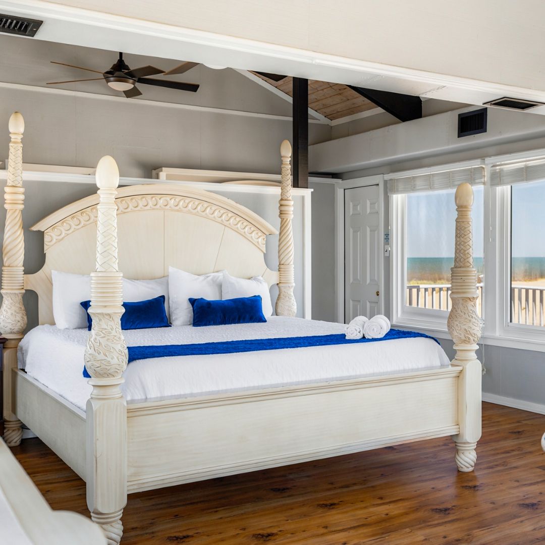 Blue Standard Bedding with coordinated sheets, coverlet, and blue accents